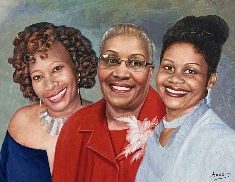 Painted portrait of three Black women, one older woman in the center wearing a red jacket, flanked by two younger women.