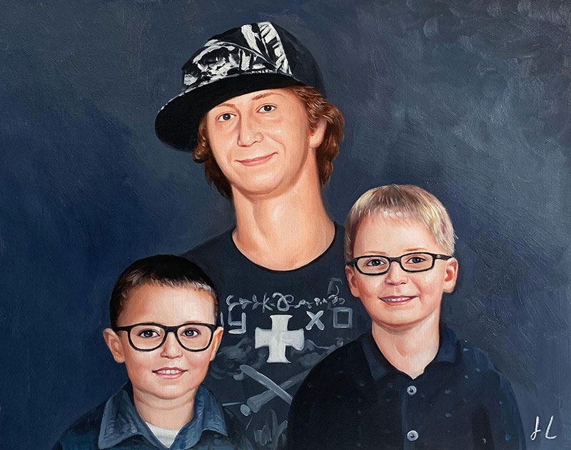 Painted portrait of a teenager in a hat with two younger boys wearing glasses.