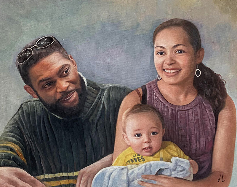 Oil painting portrait of a family: a man, woman, and baby.