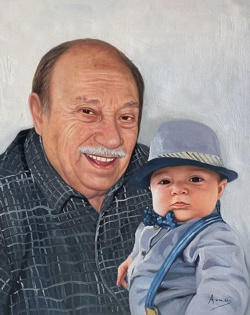Painting of a smiling older man holding a baby wearing a hat and bow tie.
