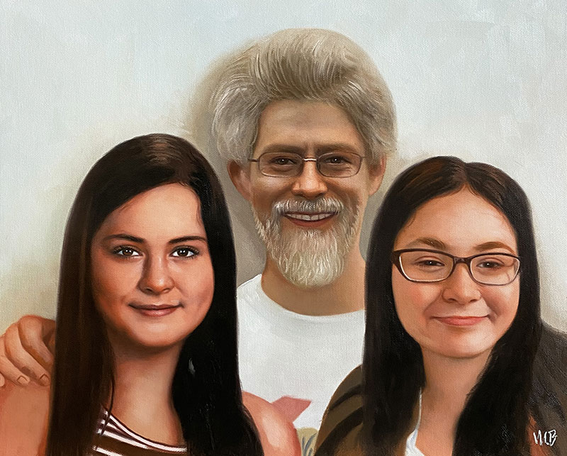 Beautiful oil painting of a grandfather with grandchildren
