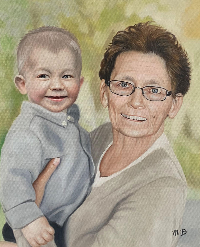 Beautiful oil artwork of a grandmother and a grandson