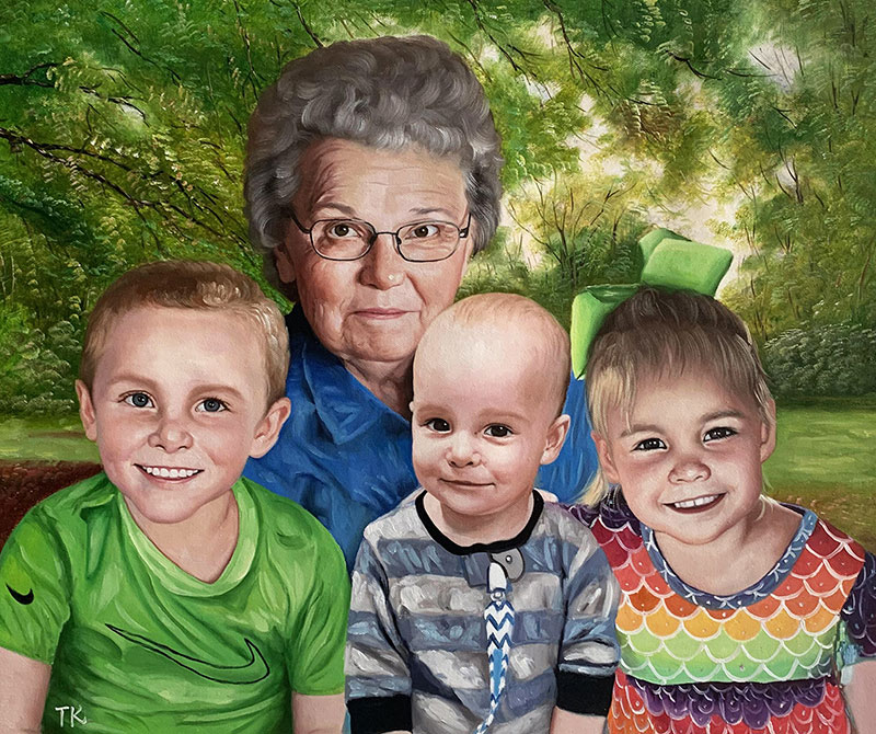 Handmade oil painting of a grandmother with grandchildren