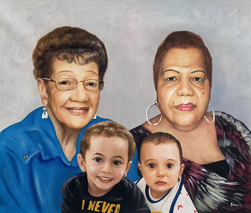 Handmade oil painting of two ladies with grandchildren