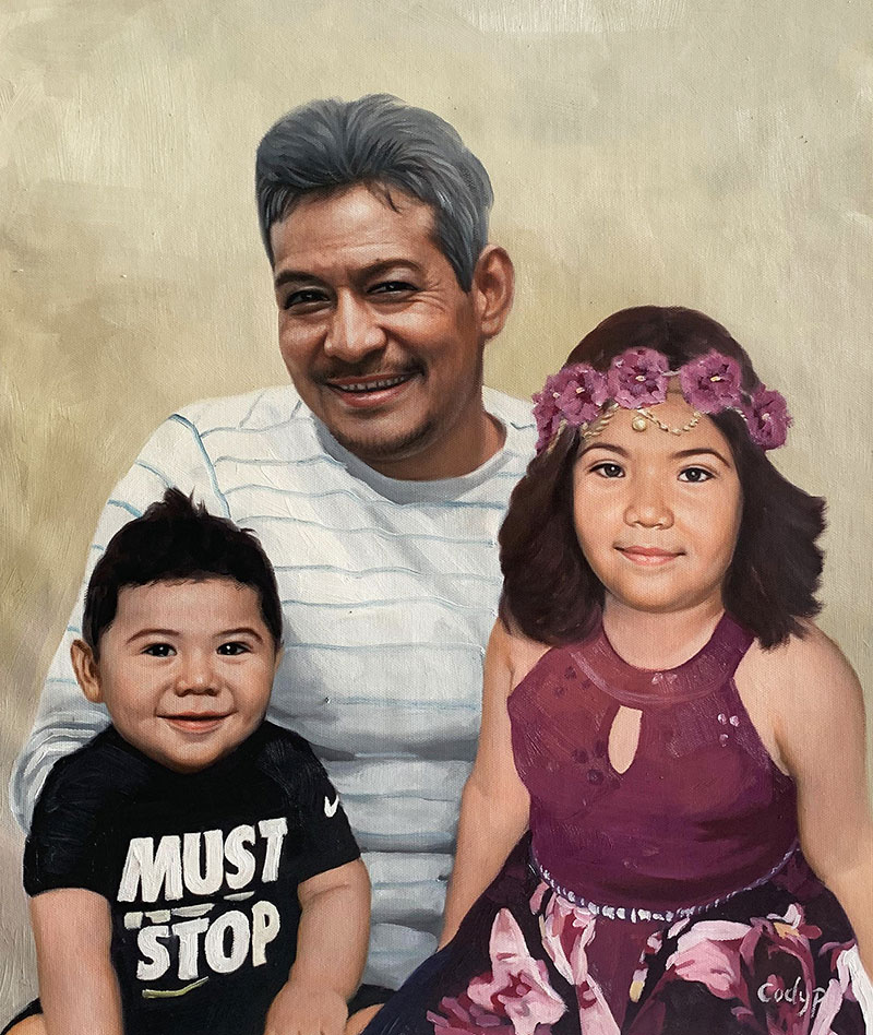 Painted portrait of a father with his young son and daughter.
