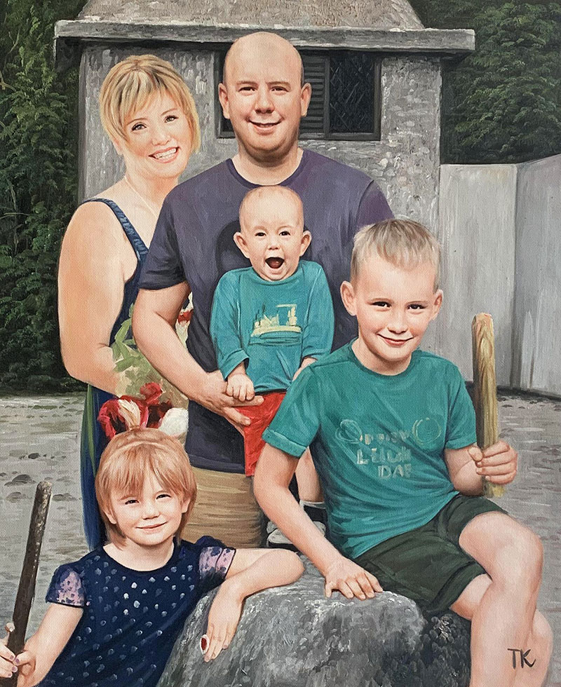 Family portrait painting, parents and three children.