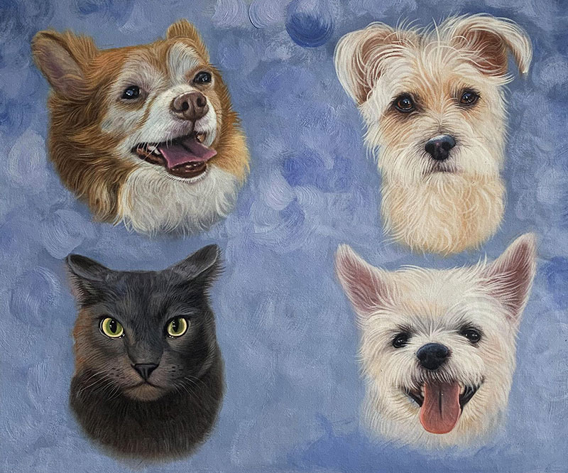 Painting of three dogs and a cat