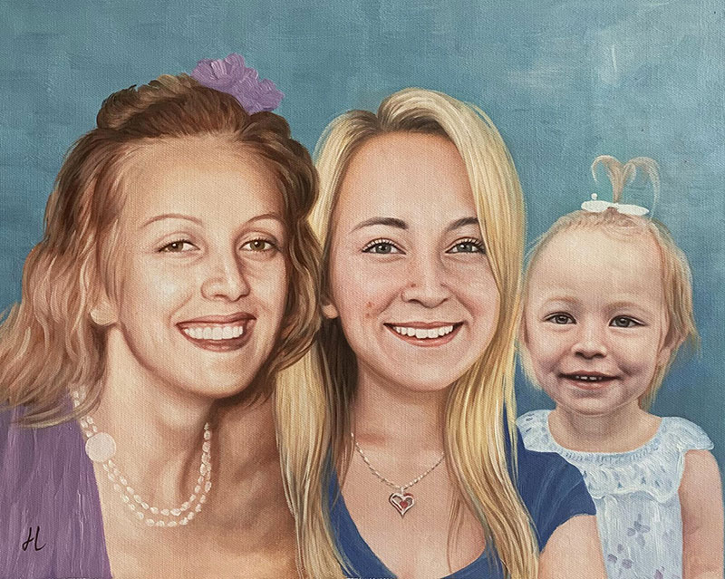 Painted portrait of three women: two young adults and a toddler.