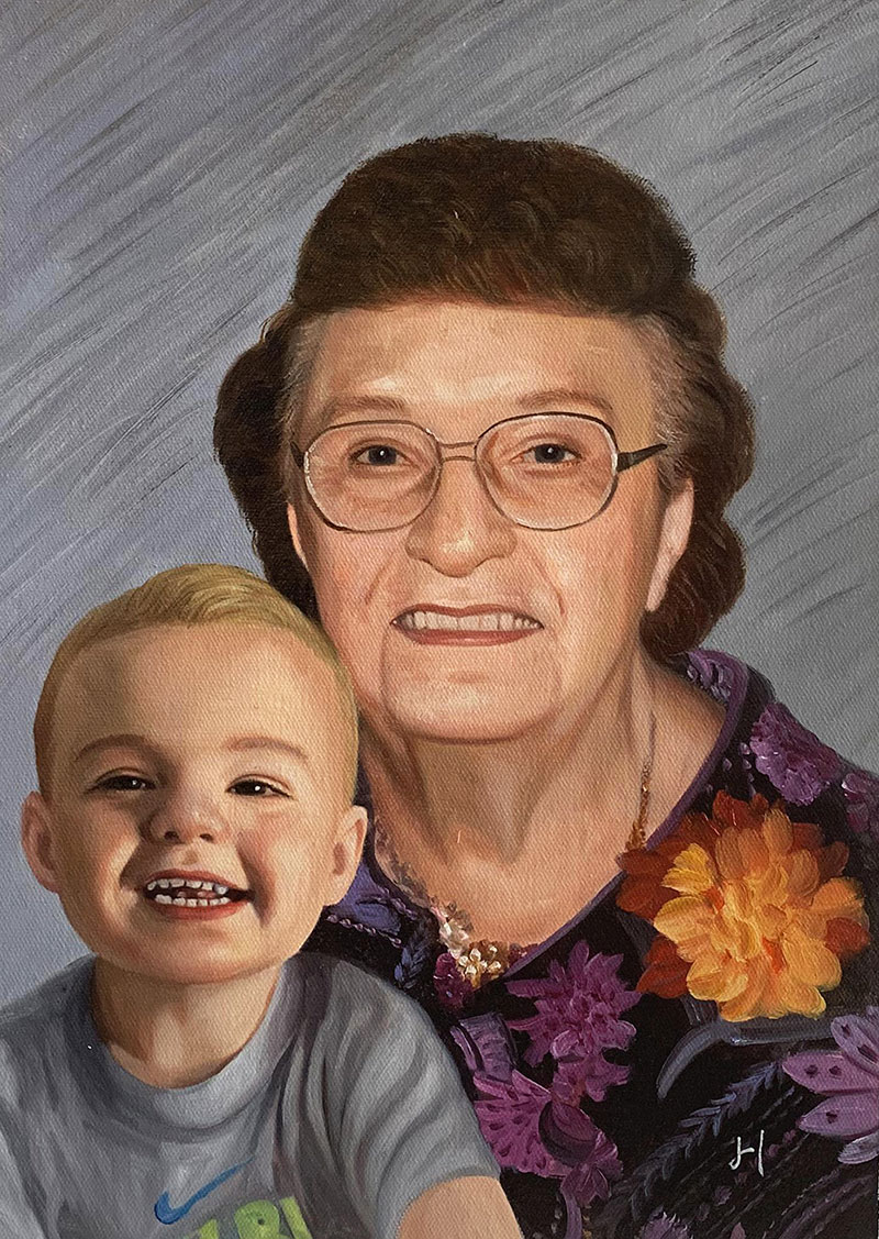 Custom handmade oil artwork of a grandmother and a baby