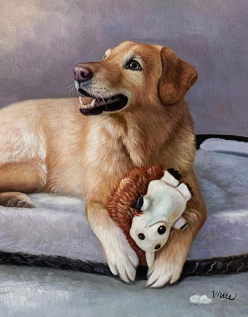 Beautiful oil painting of a dog with a favorite toy