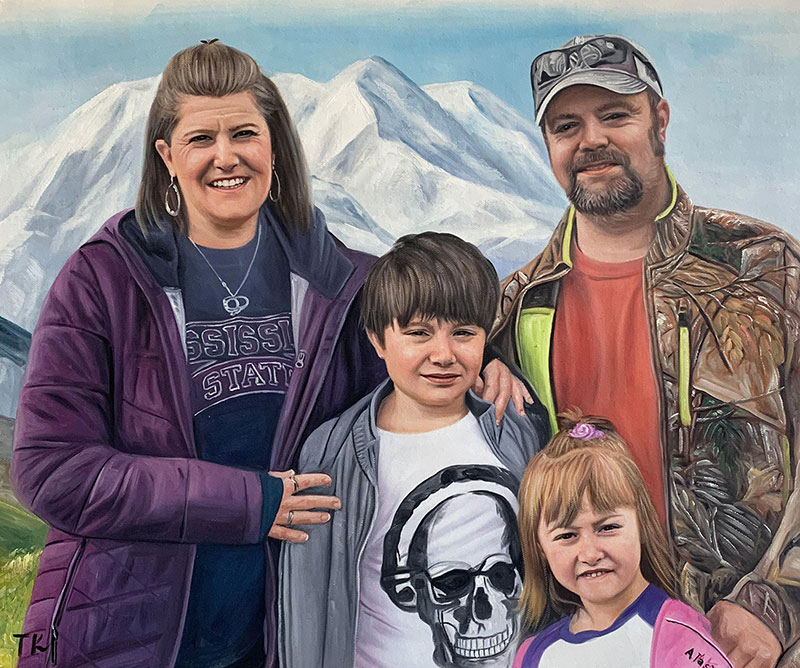 Family portrait painting with snow-capped mountains in the background