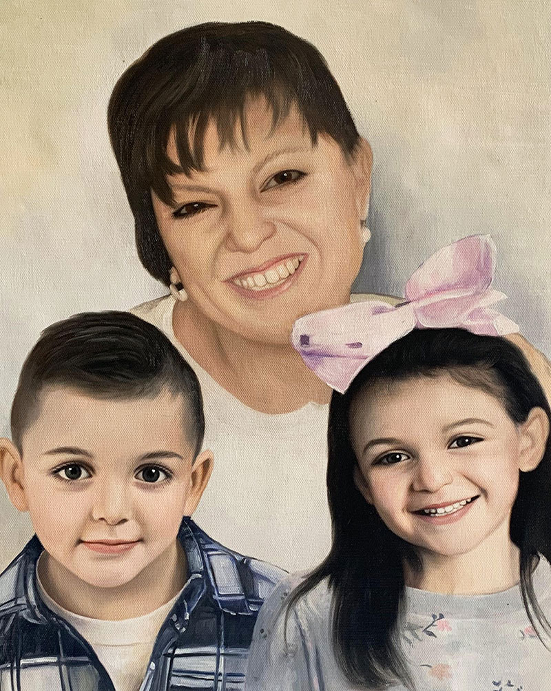 Oil painting portrait of a woman with a young boy and girl.