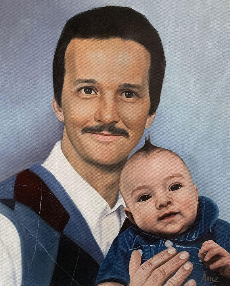 Oil painting of a man holding a baby.