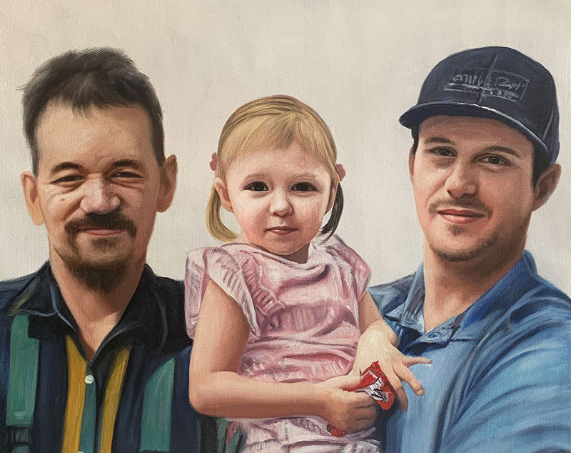 Custom handmade oil artwork of three generations