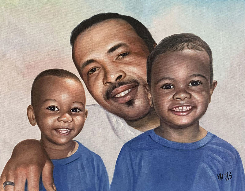 Custom oil painting of a father with two children