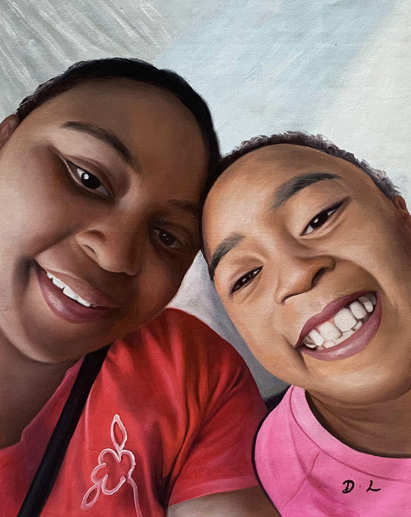 Painting of two smiling women, close-up selfie style.