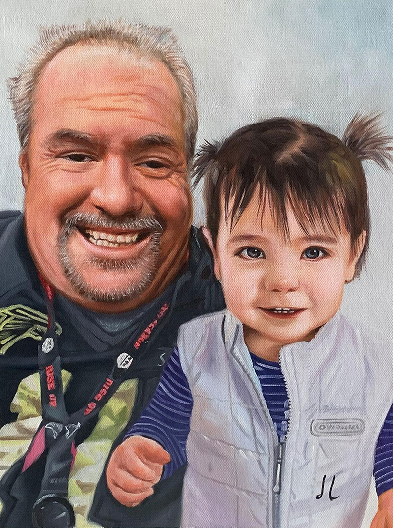 Custom oil painting of a grandfather and a granddaughter