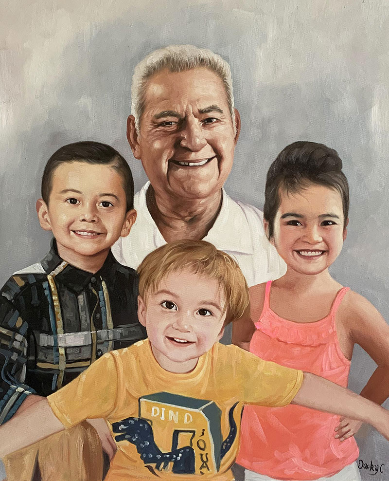 Custom oil artwork of a grandfather with three grandchildren