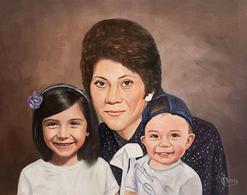 Oil painting portrait of a woman with a young girl and boy.