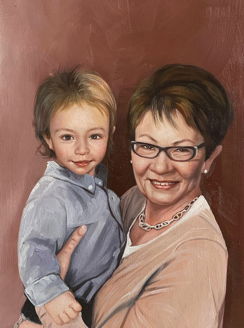 Painting of a toddler and an older woman wearing glasses