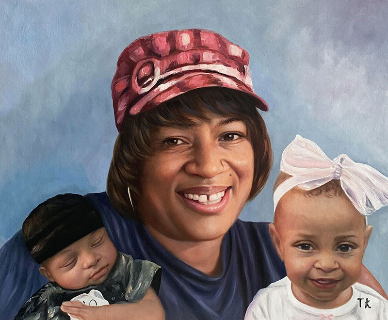 Beautiful oil painting of a grandmother with grandchildren