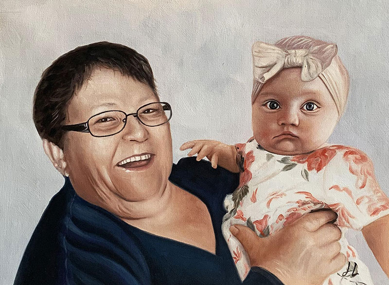 Beautiful oil artwork of a grandmother with a grandbaby