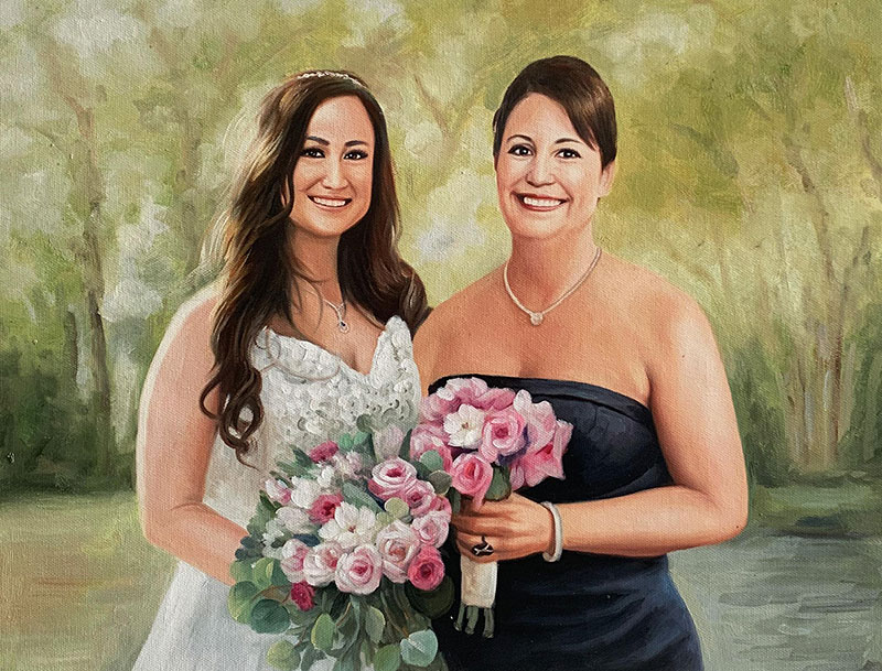 Painted portrait of a bride and bridesmaid holding bouquets