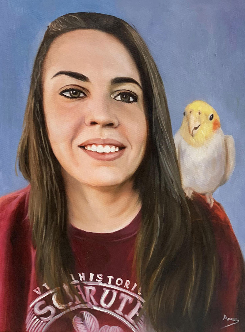 Painting of a woman with long brown hair and a cockatiel perched on her shoulder.