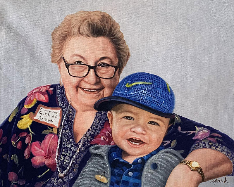 Beautiful handmade painting of a grandmother and a grandkid 