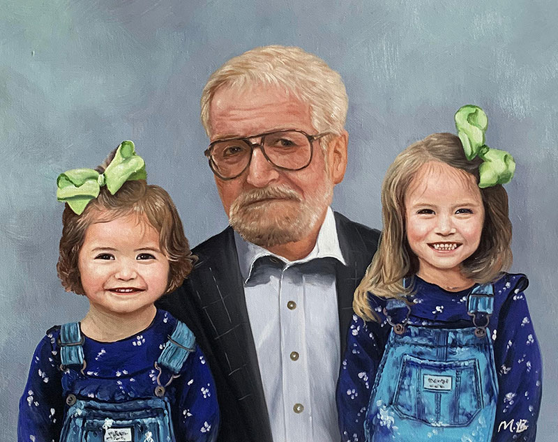 Gorgeous oil artwork of a grandfather with two grandchildren