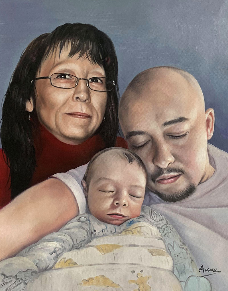 Oil painting of a family portrait: a grandmother, father, and sleeping baby.