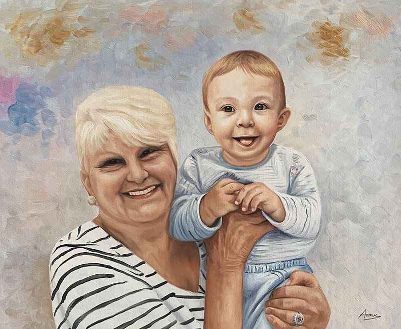 Painting of a grandmother holding a baby.