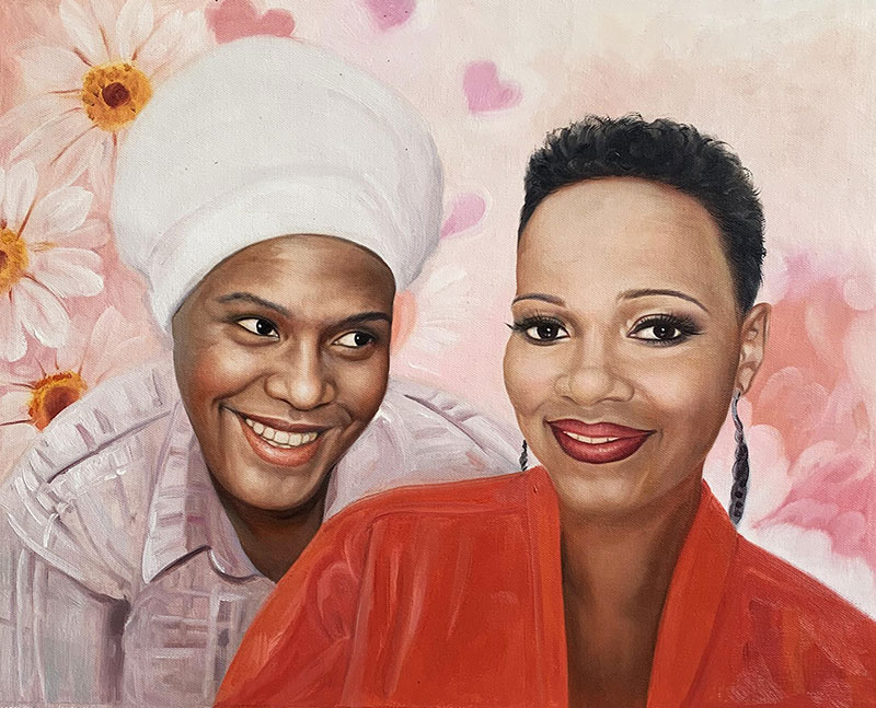 Painting of two smiling Black women, one wearing a white head wrap and the other in a red jacket, against a floral background.