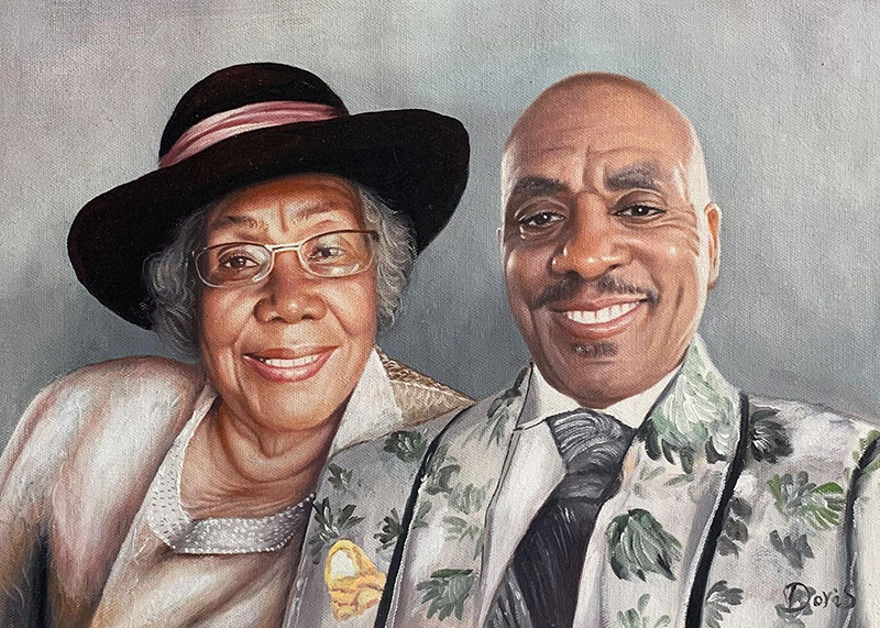 Painted portrait of an elderly woman wearing a hat and glasses and a man in a patterned jacket.