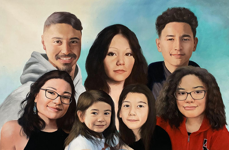 Beautiful handmade oil portrait of a happy family