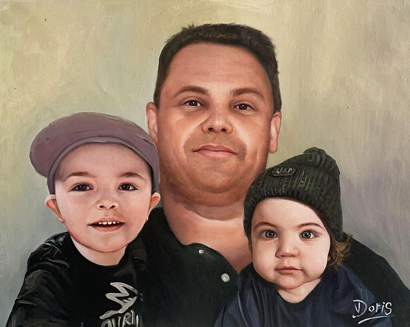 Oil painting of a man with two young children.