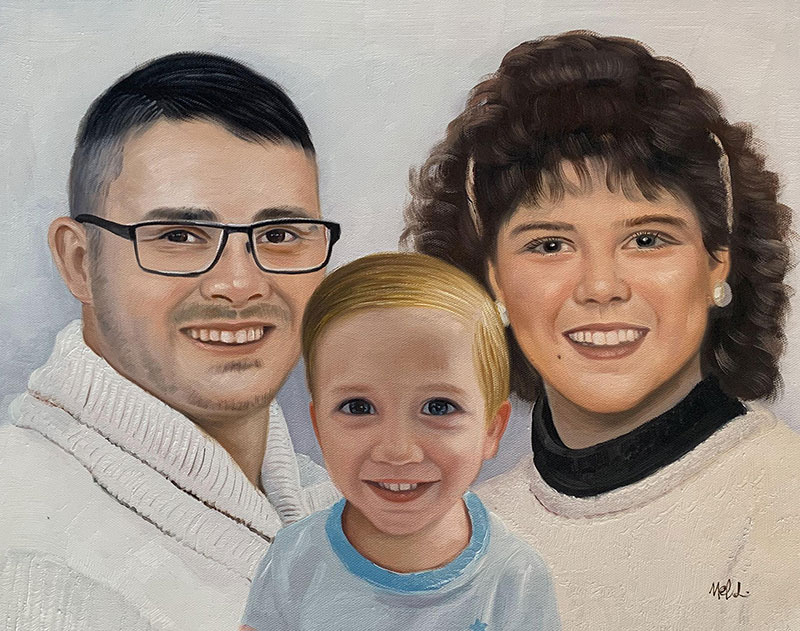 Beautiful handmade oil painting of parents and child