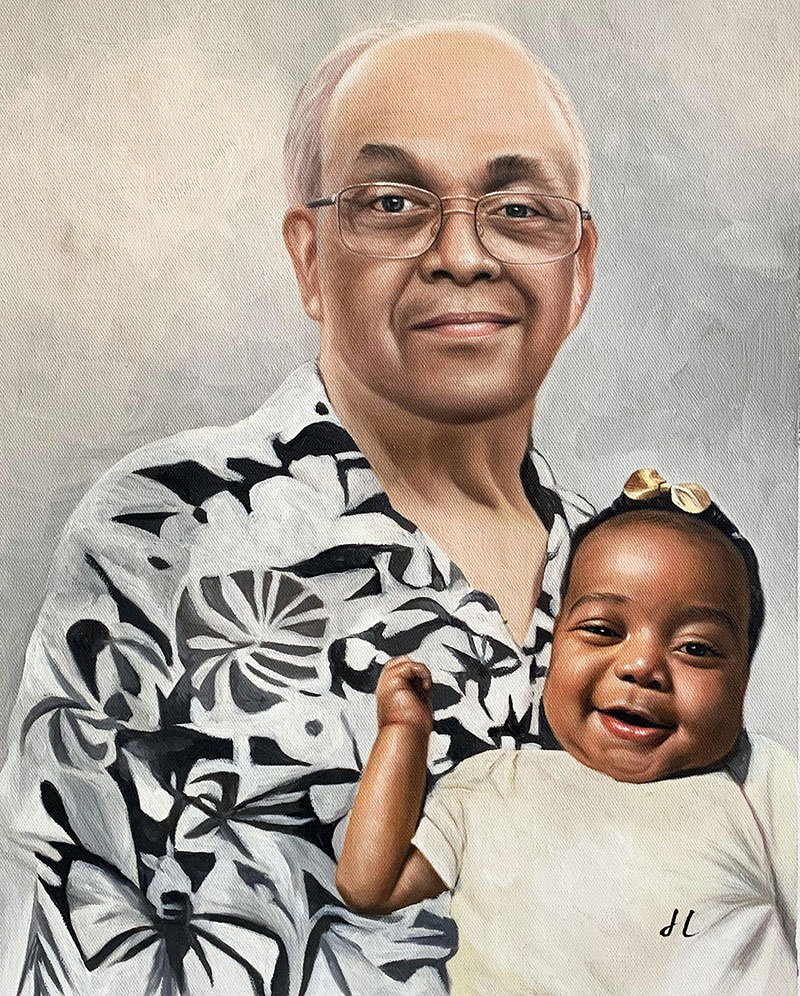 Custom oil artwork of a grandfather and a grandchild