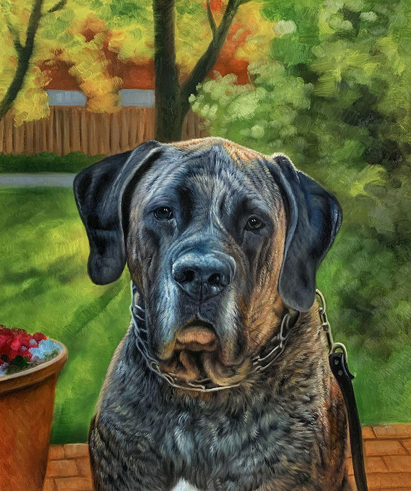 Custom oil painting of a dog outdoors