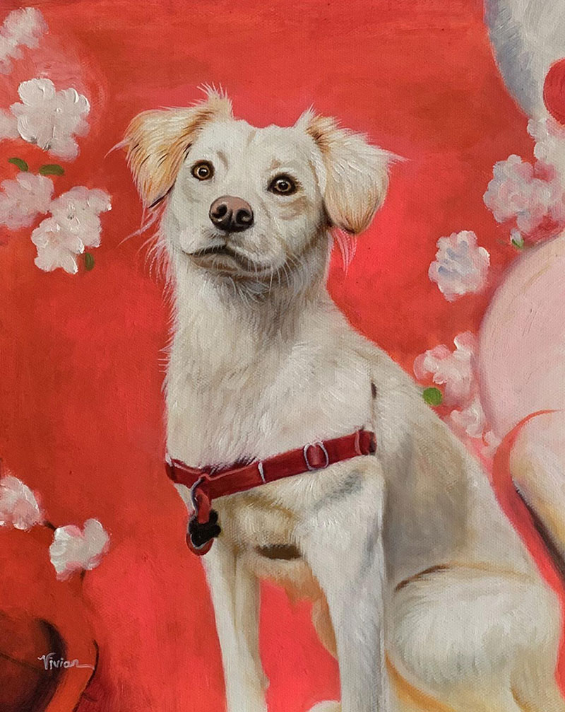 Painting of a white dog wearing a red harness against a red background with white flowers.