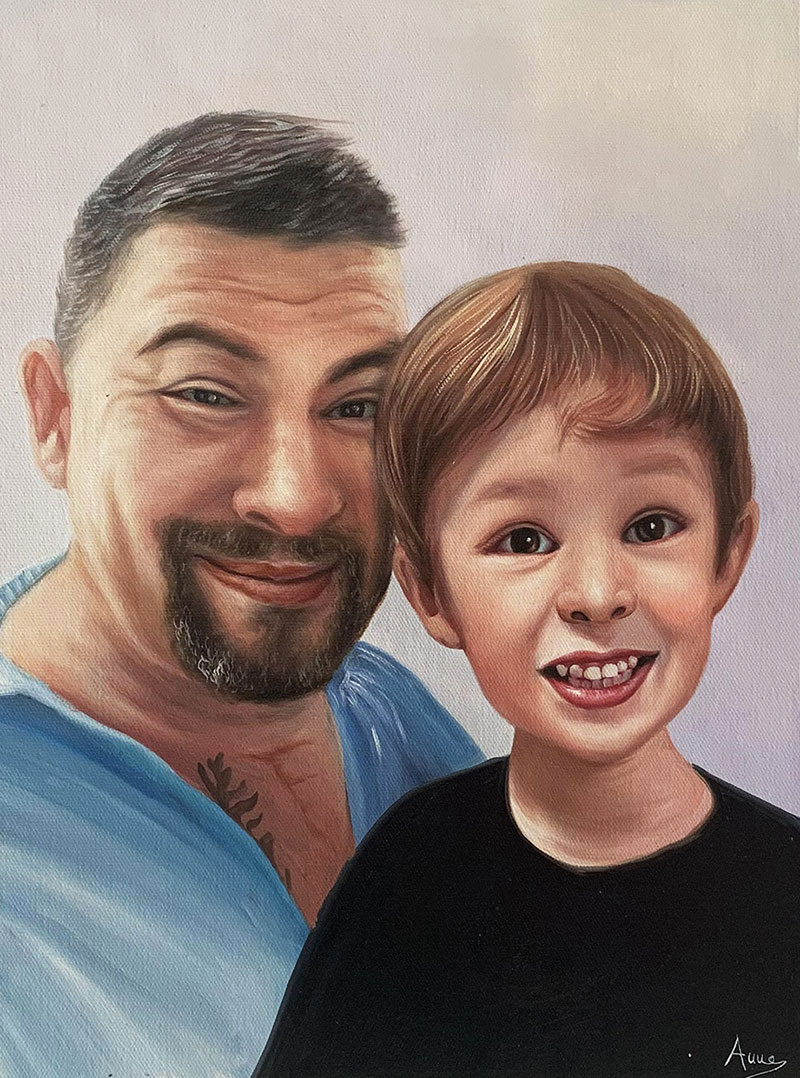 Painting of a man and young boy smiling together.