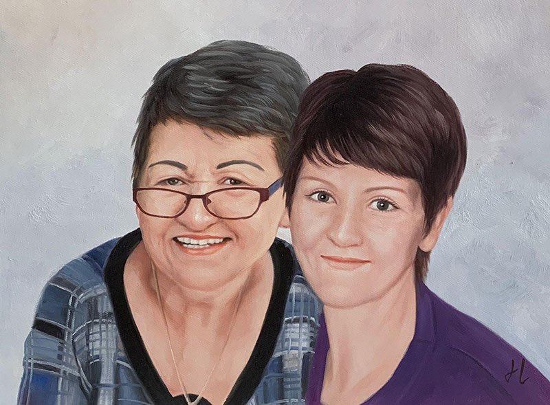 Beautiful oil painting of a mother and daughter