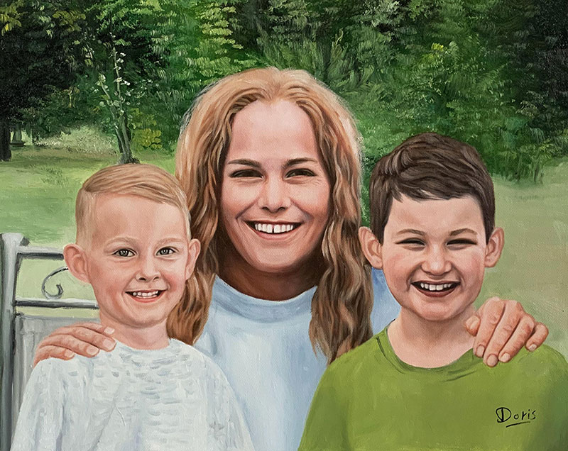Painting of a mother and her two sons smiling outdoors