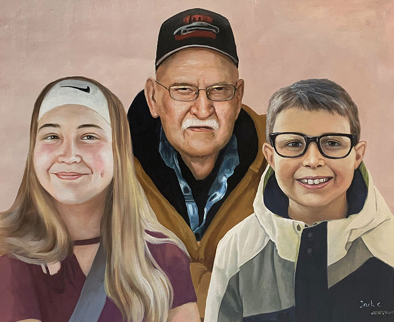 Beautiful oil painting of a grandfather and grandchildren