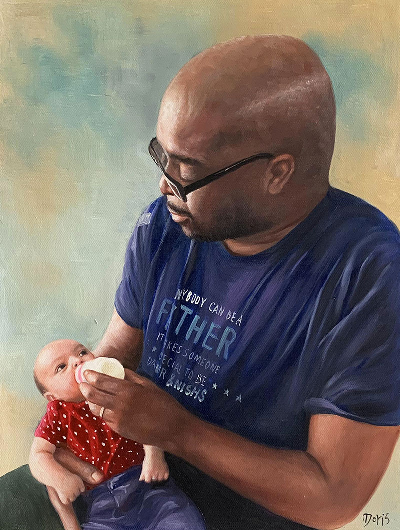 Painting of a father bottle-feeding his baby.