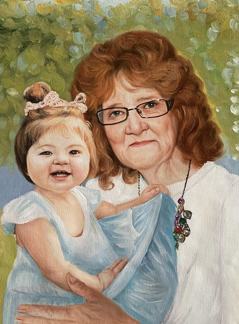 Oil painting of a grandmother holding her granddaughter.