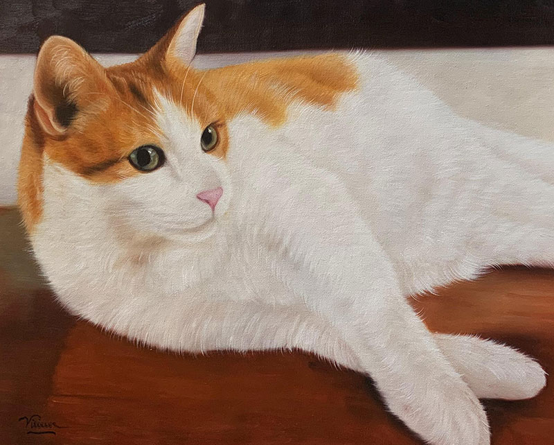 Painting of an orange and white cat lying down