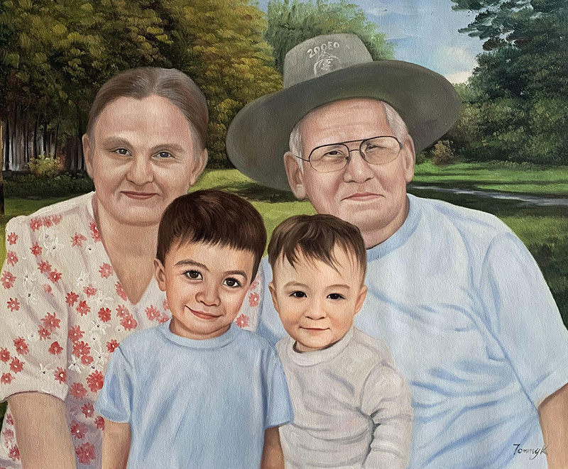 Custom oil artwork of grandparents and grandchildren