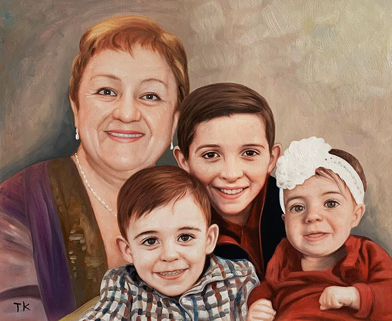 Custom oil artwork of a grandmother with granchildren