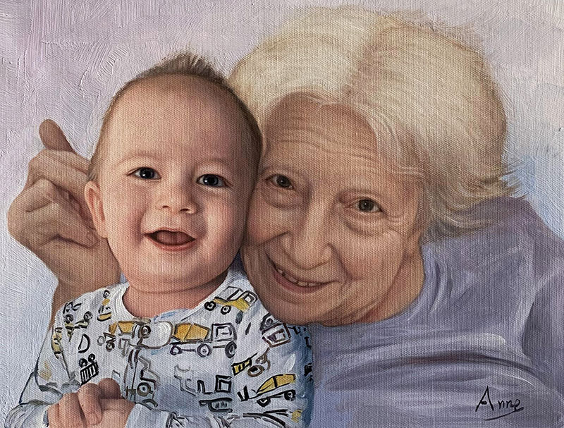 Painting of a smiling baby and elderly woman.